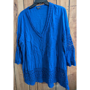 Hannah Woman Plus Size 1X Blue Top Blouse Boho Peasant Floral Crocheted Blue